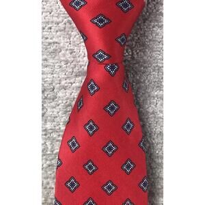 Vintage May Company Red Silk Tie Blue Geometric Diamond Pattern Exclusive Fabric